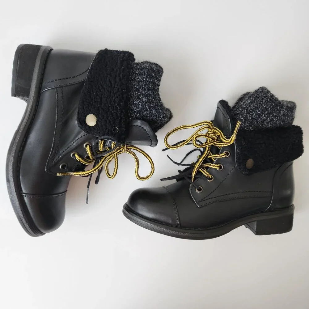 Musse & Cloud Black Leather Boot Sweater Sherpa Hiking Ankle Fall Winter Cute - Picture 3 of 11